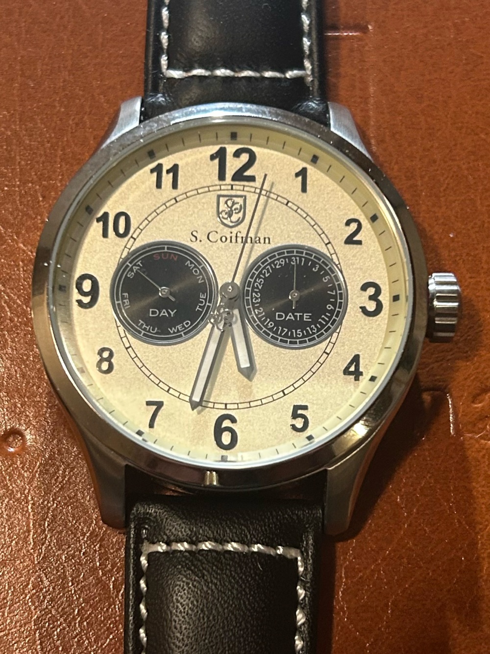S Coifman Watch With 44mm Silver Light Gold Tone Face With Black Leather Band